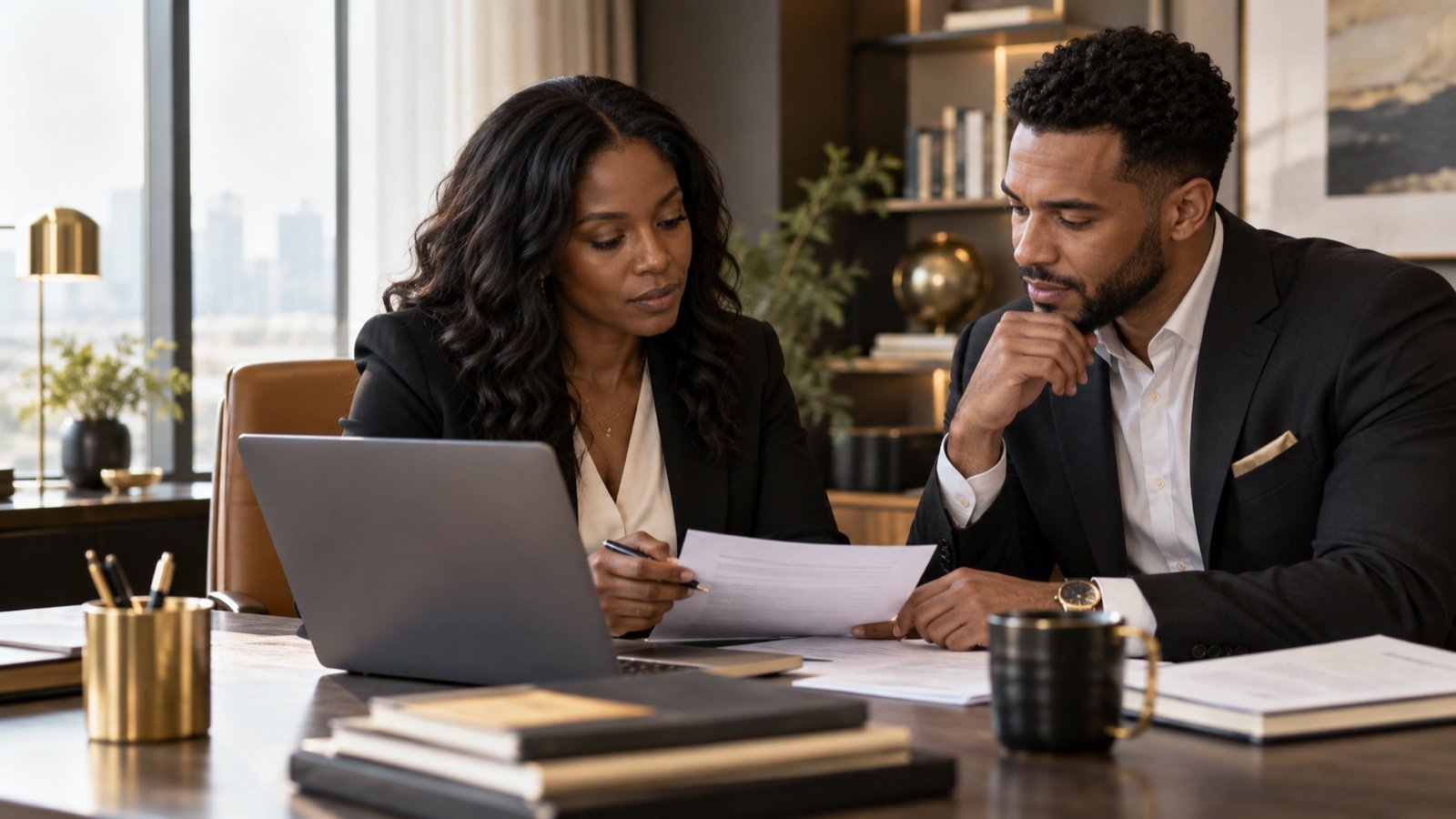 Tax professionals collaborating on client work in a warmly lit office